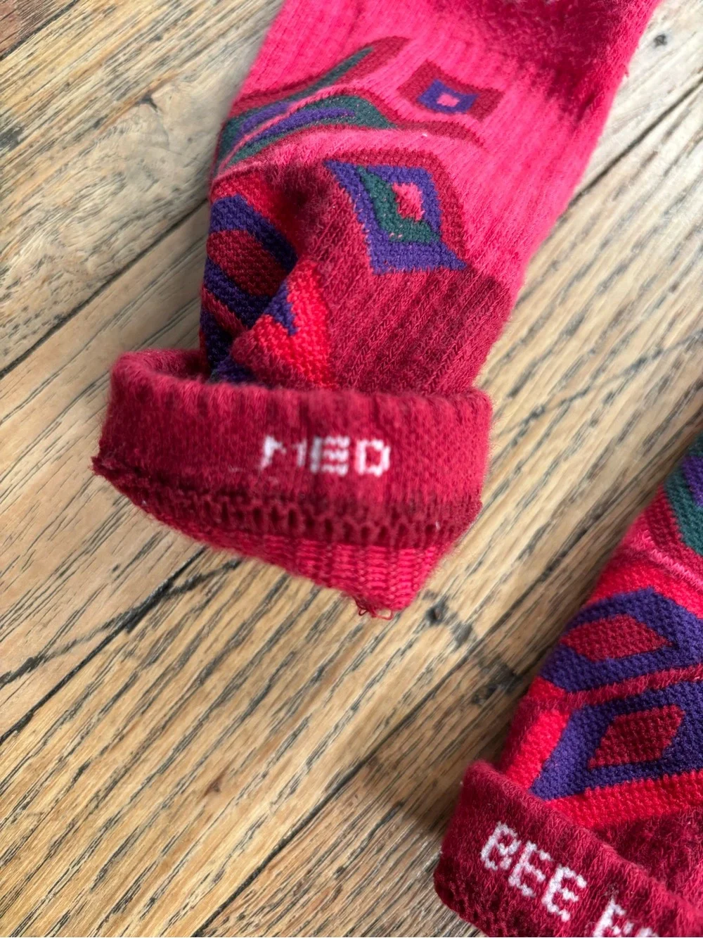 Bombas Men's Hot Pink Crew Socks with Multicolor Geometric Accents